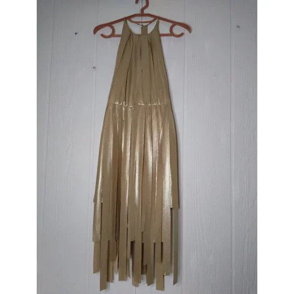 Halston Heritage Halter Dress Womens XS Gold Metallic Fringe Strips Cocktail NWT - Picture 3 of 12